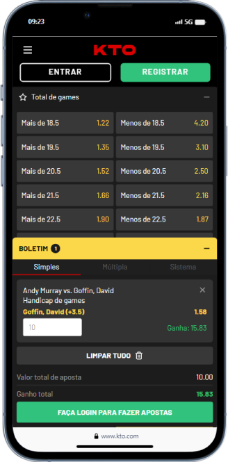 Como Apostar em Tênis, exemplo de handicap positivo na plataforma KTO