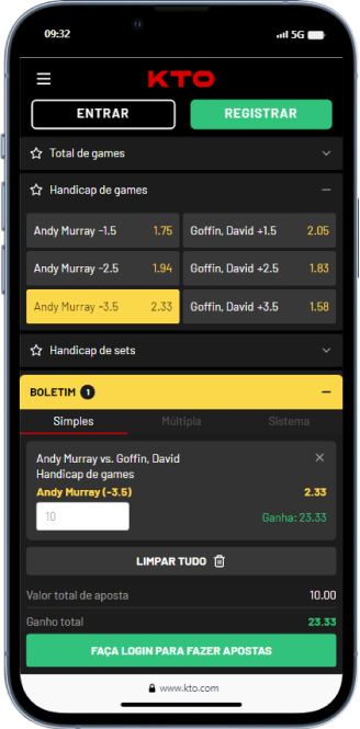 Como Apostar em Tênis, exemplo de handicap negativo na plataforma KTO